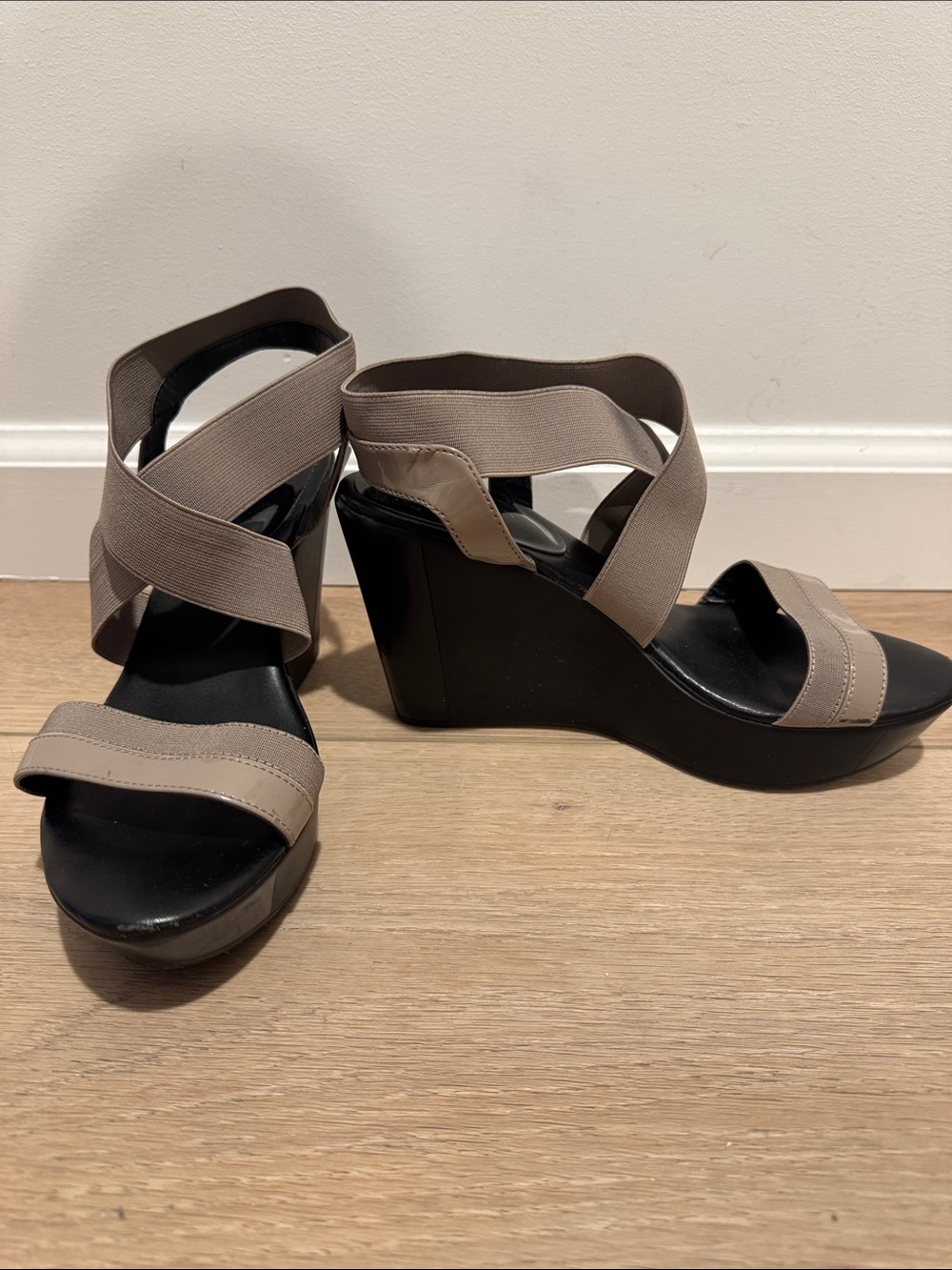 Charles By Charles David Taupe Elastic Strap Wedge Sandals